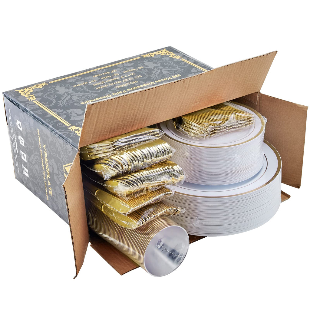 Vplus 600 Count Gold Dinnerware Set, 200 Plastic Plates, Set of 300 Silverware, 100 Cups, Disposable Gold Plastic Dinnerware for Party or Wedding