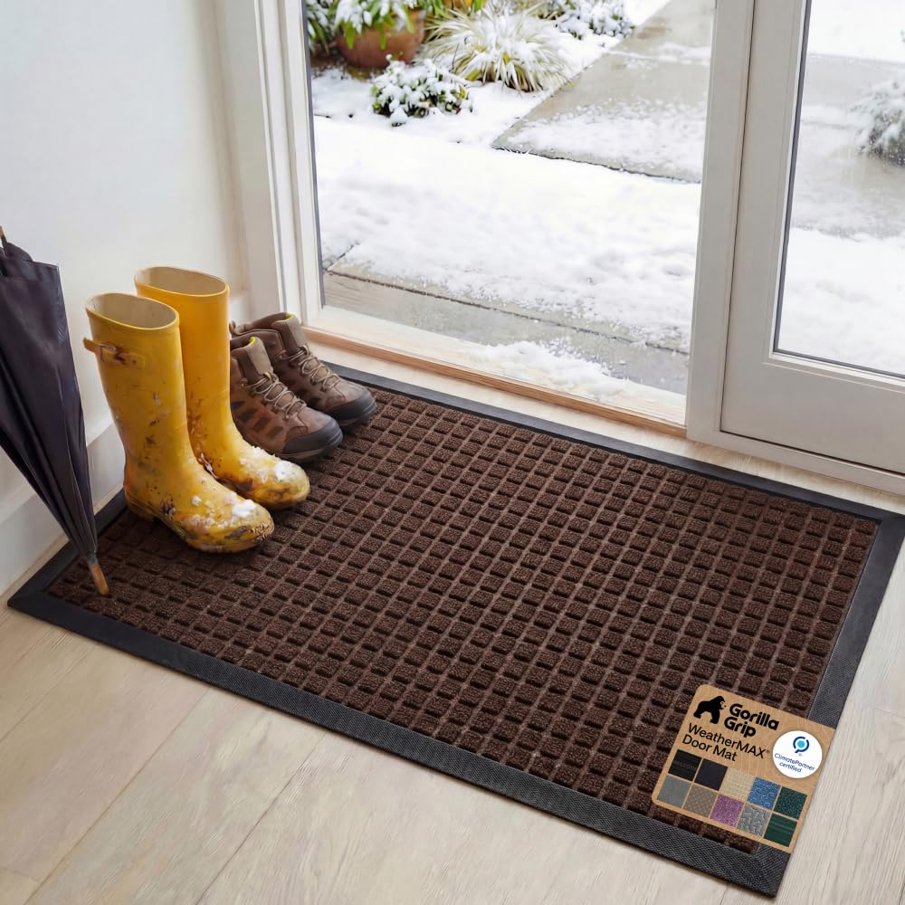 GORILLA GRIP 100% Waterproof All-Season WeatherMAX Doormat US Designed Natural Rubber, Stain Fade Resistant, Low Profile Indoor Outdoor Front Door Mats Outside Entrance, Easy Clean 29x17 Gray Diamond