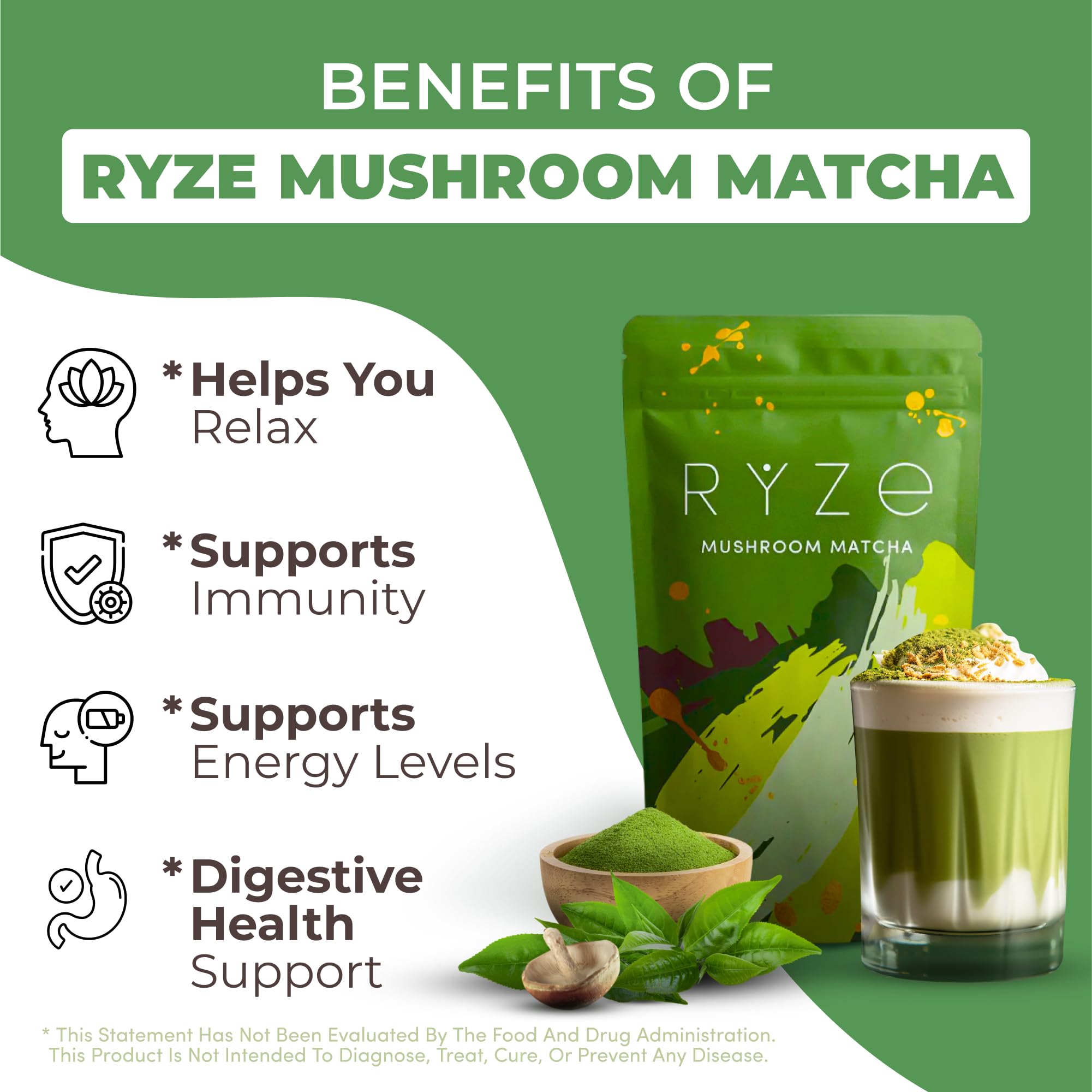 RYZE SUPERFOODS Mushroom Matcha Starter Kit, USDA Organic with 6 Adaptogenic Mushrooms and Ceremonial-Grade Matcha, Energy, Focus, Digestion, Immunity with Turkey Tail, Shiitake, Reishi (Matcha (Pack of 1))