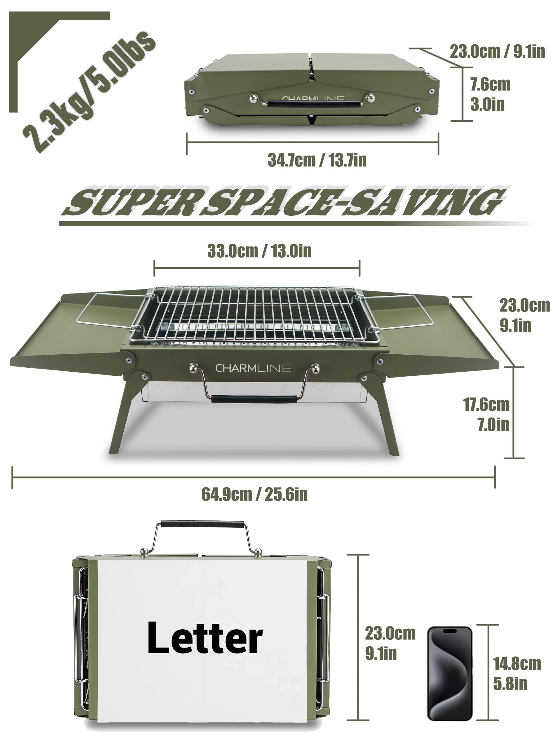 Charmline 14 x 9 inches Portable Charcoal BBQ Grill, Foldable Compact Camping Barbecue for 1–3 People, Ideal for Garden, Beach, Picnic & Tabletop Use, Green