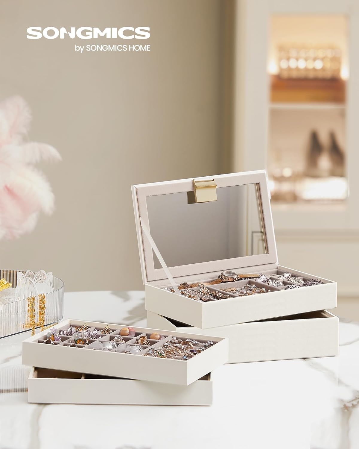 SONGMICS Stackable Jewelry Trays, 4-Tier Jewelry Box, Drawer Jewelry Organizer, with Glass Lid, Removable Dividers, for Vanity Table, 6.7 x 11 x 7.2 Inches, Gift Idea, Cloud White UJBC164W01