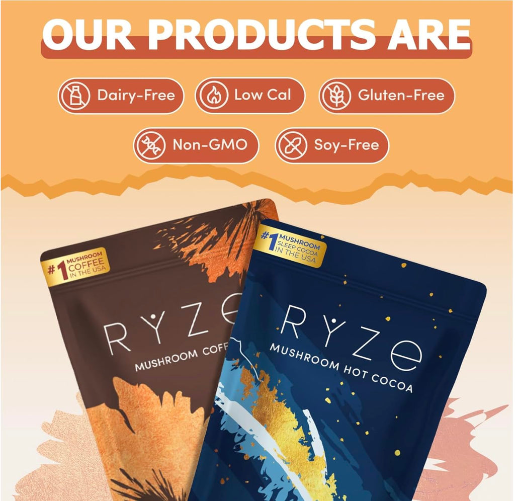 RYZE SUPERFOODS Day + Night Bundle with Mushroom Coffee and RYZE Hot Cocoa, USDA Organic Mushroom Coffee with 6 Adaptogenic Mushrooms & MCT Oil, Hot Cocoa Keto Sleep Aid with Melatonin, 30+20 s