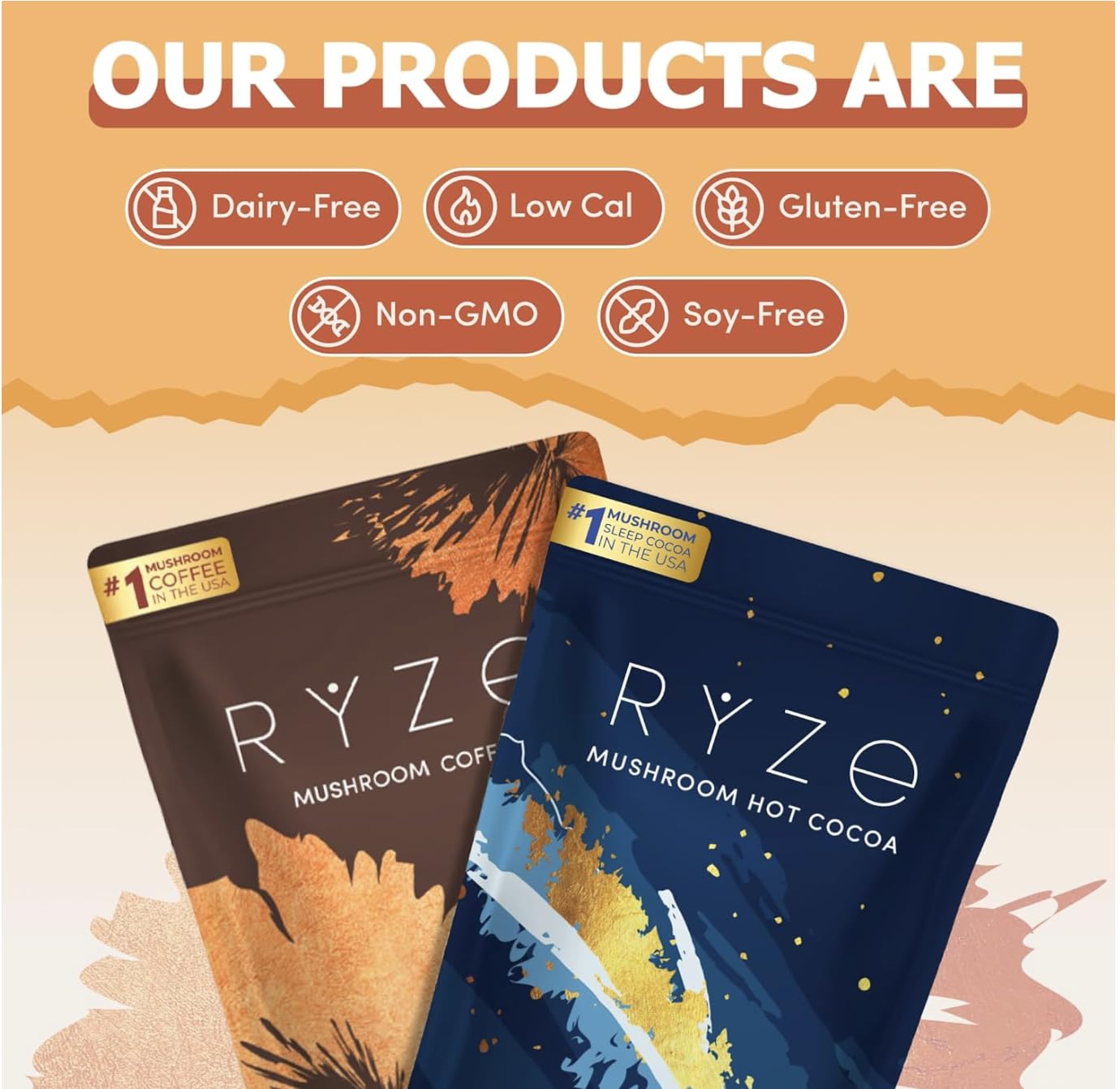 RYZE SUPERFOODS Day + Night Bundle with Mushroom Coffee and RYZE Hot Cocoa, USDA Organic Mushroom Coffee with 6 Adaptogenic Mushrooms & MCT Oil, Hot Cocoa Keto Sleep Aid with Melatonin, 30+20 s