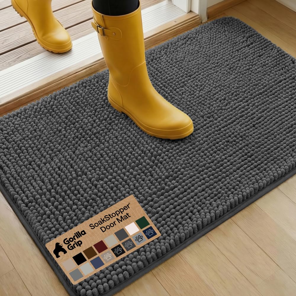 GORILLA GRIP SoakSTOPPER Dog Door Mat, Machine Washable Rug Absorbent Doormat Captures Moisture Mud Dirt, Quick Dry Soft Chenille Entryway Rugs Indoor Entrance Mats for Dog Paws, 24x17 Grey