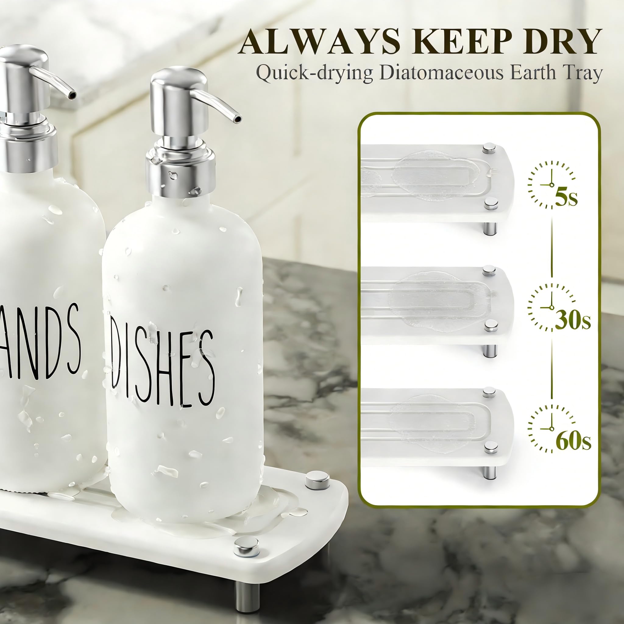 Cisily Kitchen Soap Dispenser Set Comes with Ceramics Sponge Holder, Gold Pumps, and Instant Dry Tray, Hand and Dish Soap Dispenser Set (4, Gold + White + Sponge Holder)