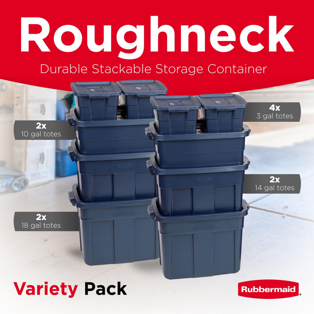 Rubbermaid Roughneck Tote 14 Gal, 6 Pack, Made in USA, Dark Indigo Metallic, Rugged Plastic Stackable Storage Bins with Lids and Handles