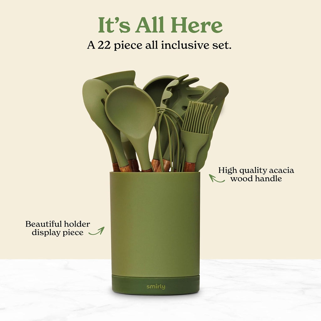 SMIRLY Green Bundle: 22 pcs Acacia Handle Silicone Cooking Utensil Set + Plastic Cutting Board