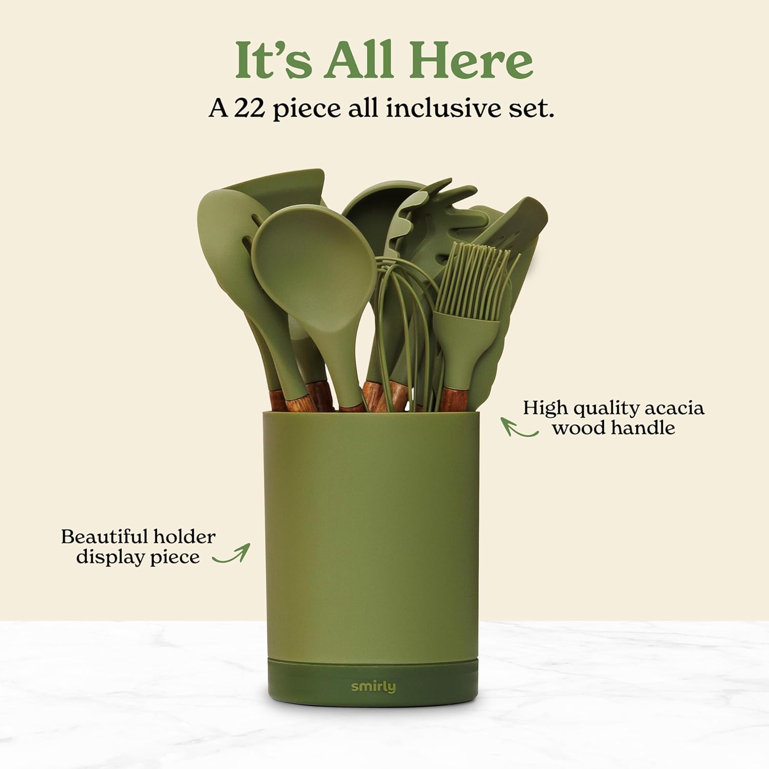 SMIRLY Green Bundle: 22 pcs Acacia Handle Silicone Cooking Utensil Set + Plastic Cutting Board
