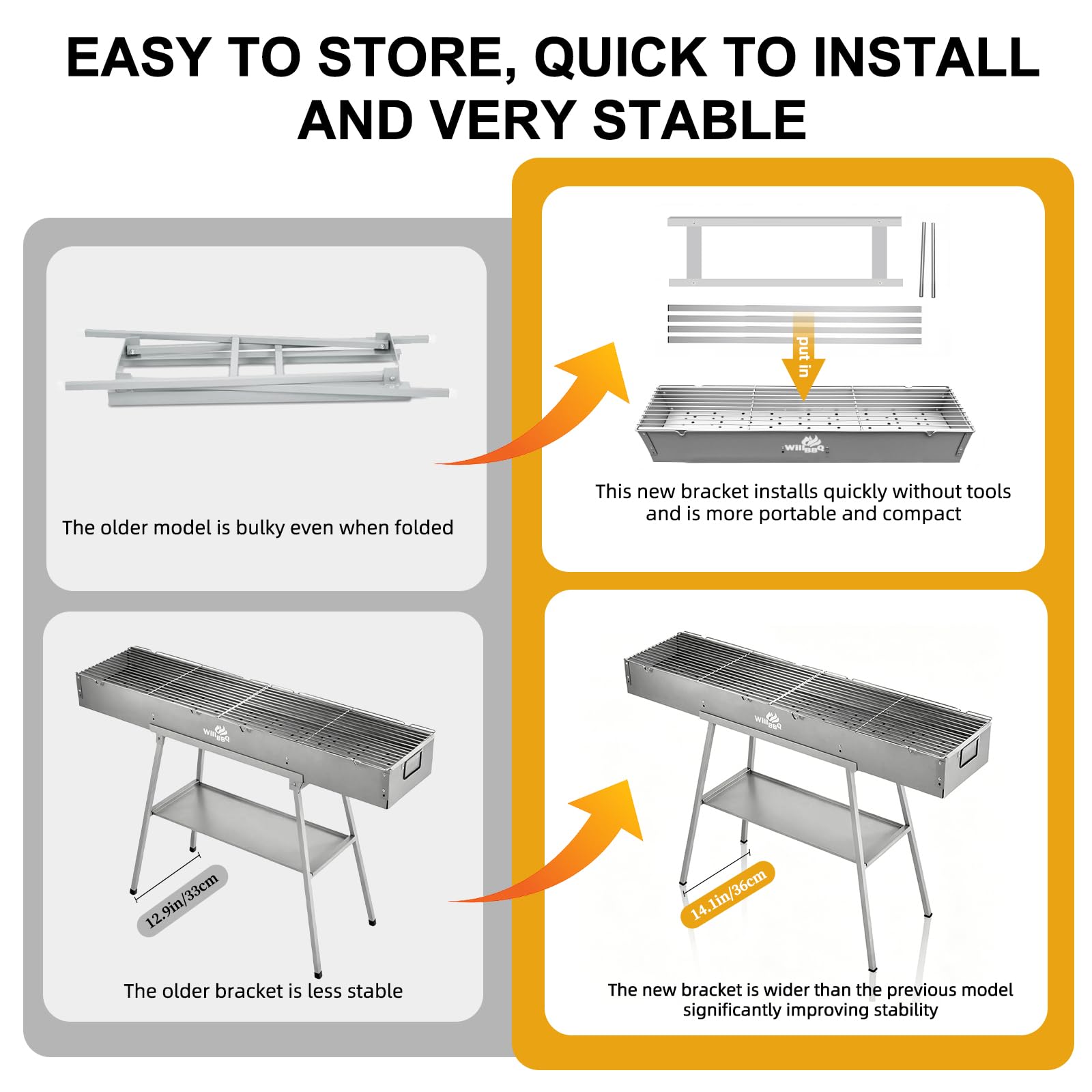 WILLBBQ Charcoal Grill Tailgate Parties, Patio, Beach Barbecues, Backyard Gatherings,Alloy Steel BBQ Barbecue Outdoor Grilling with Durable Support Frame and Dual Adjustable Vents (31.6x7.1x5.1 inch)