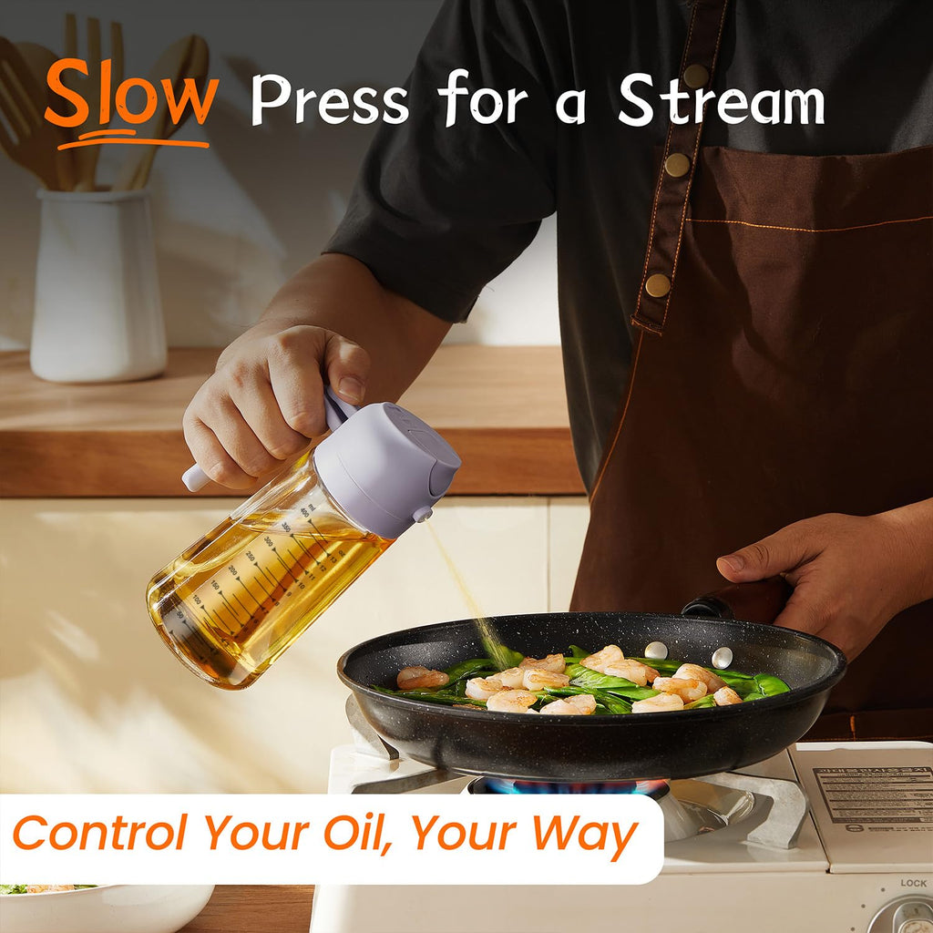 TrendPlain 16oz/470ml Glass Olive Oil Sprayer for Cooking – 2 in 1 Olive Oil Dispenser Bottle for Kitchen Gadgets and Air Fryer Accessories, Salad, BBQ - Black