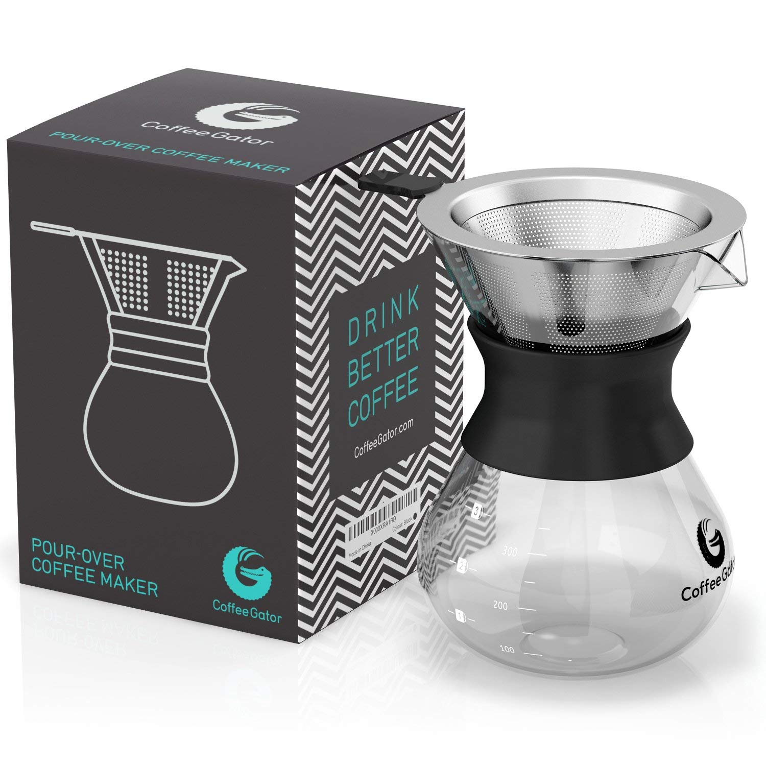 Coffee Gator Pour Over Coffee Maker - 27oz High Heat Borosilicate Glass with Reusable Stainless Steel Filter, Drip Coffee Brewer Dripper Set Carafe, 800ml Clear