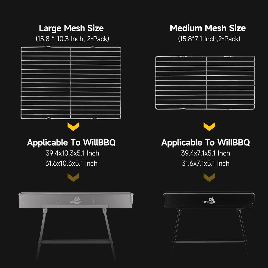 WILLBBQ Replacement for Barbecue Mesh, Stainless Steel BBQ Grates Grill Mesh Barbecue Grill Grilling Mesh Wire Cooking Net Barbecue Grilled Grids, 15.8 * 7.1 Inch, 2-Pack