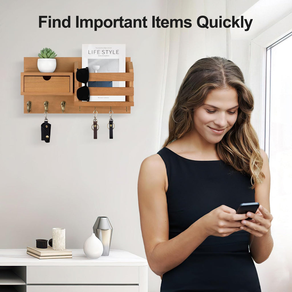 Wall Mount Key Holder with Mail Organizer, 100% Paulownia Wood, 7 Metal Hooks, Storage Drawer, Entryway Home Decor (Brown)
