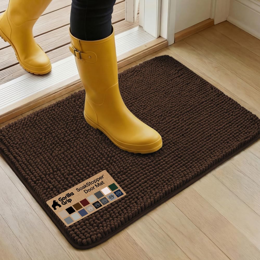 GORILLA GRIP SoakSTOPPER Dog Door Mat, Machine Washable Rug Absorbent Doormat Captures Moisture Mud Dirt, Quick Dry Soft Chenille Entryway Rugs Indoor Entrance Mats for Dog Paws, 24x17 Grey