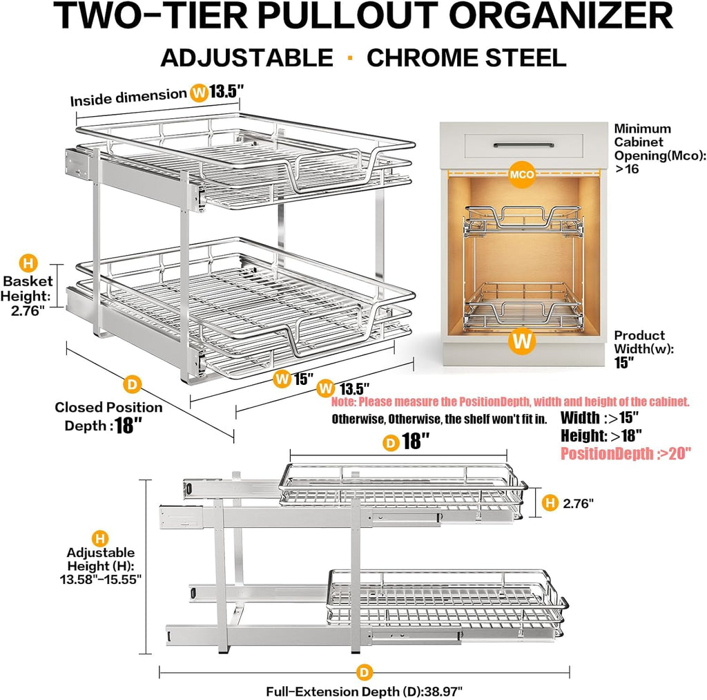 2-Tier Kitchen Cabinet,Pull Out Cabinet Organizer,Shelf and Drawer Organizer Slide Out Pantry Storaqe Basket in Multiple Sizes (12" W x21 D)