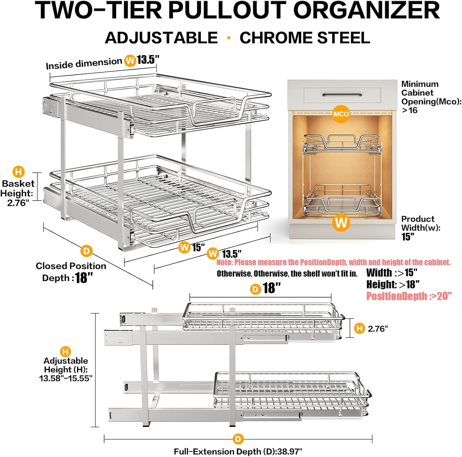 2-Tier Kitchen Cabinet,Pull Out Cabinet Organizer,Shelf and Drawer Organizer Slide Out Pantry Storaqe Basket in Multiple Sizes (12" W x21 D)