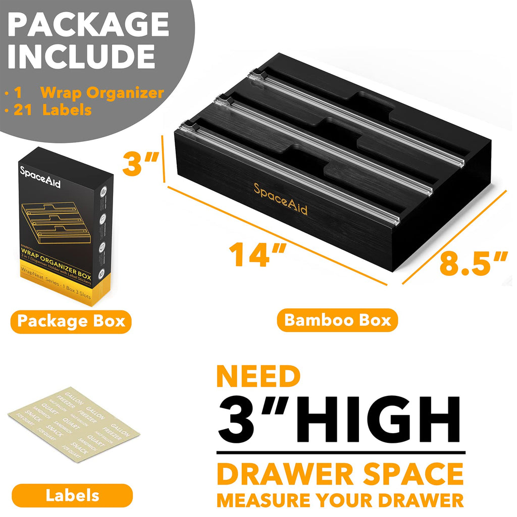 SpaceAid WrapNeat 3 in 1 Wrap Organizer with Cutter and Labels, Plastic Wrap, Aluminum Foil and Wax Bamboo Dispenser for Kitchen Storage Organization Holder for 12" Roll (Natural)