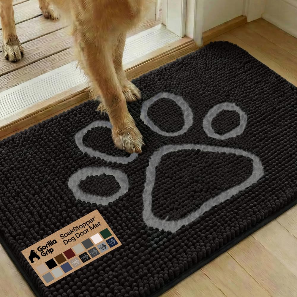 GORILLA GRIP SoakSTOPPER Dog Door Mat, Machine Washable Rug Absorbent Doormat Captures Moisture Mud Dirt, Quick Dry Soft Chenille Entryway Rugs Indoor Entrance Mats for Dog Paws, 24x17 Grey