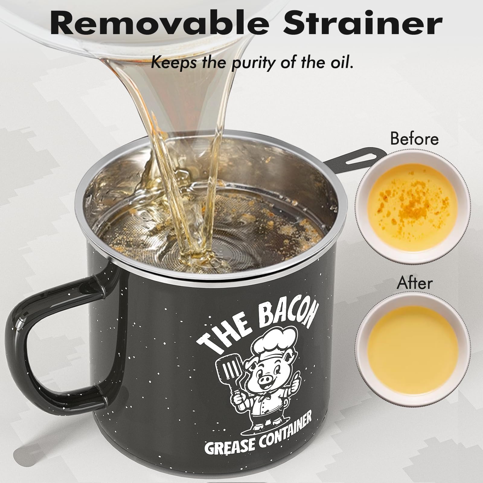 PGYARD Mini Bacon Grease Saver With Strainer - 15OZ Enamel Grease Container, Farmhouse Bacon Grease Keeper For Kitchen Fat Storage, Dishwasher Safe-Red