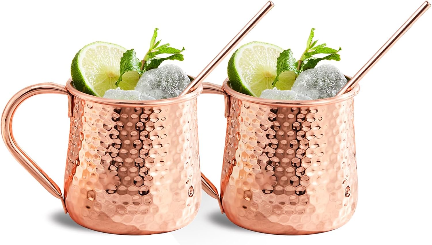 KITESSENSU Moscow Mule Mugs Set of 2 | 18 oz Hammered Copper Mule Mugs with Straws Keep Cocktails Well-Chilled, Copper Cups for Drinking Cocktails, 18/8 Stainless Steel Lined & Dishwasher Safe Barware