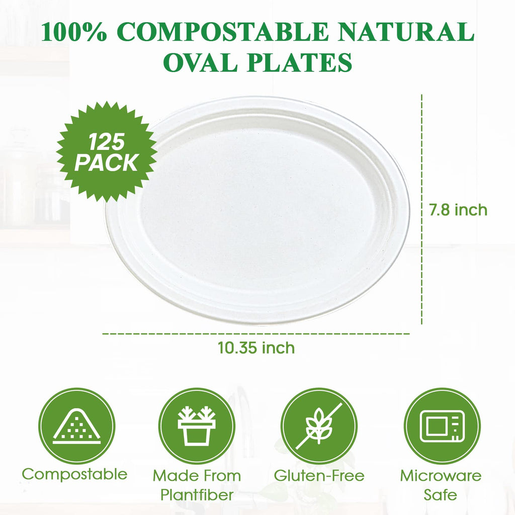 Vplus 100% Compostable Oval Paper Plates 12 inch 125 Pack Super Strong Disposable Paper Plates Bagasse Natural Biodegradable Eco-Friendly Sugarcane for BBQ, Party, Dinner, and Picnic