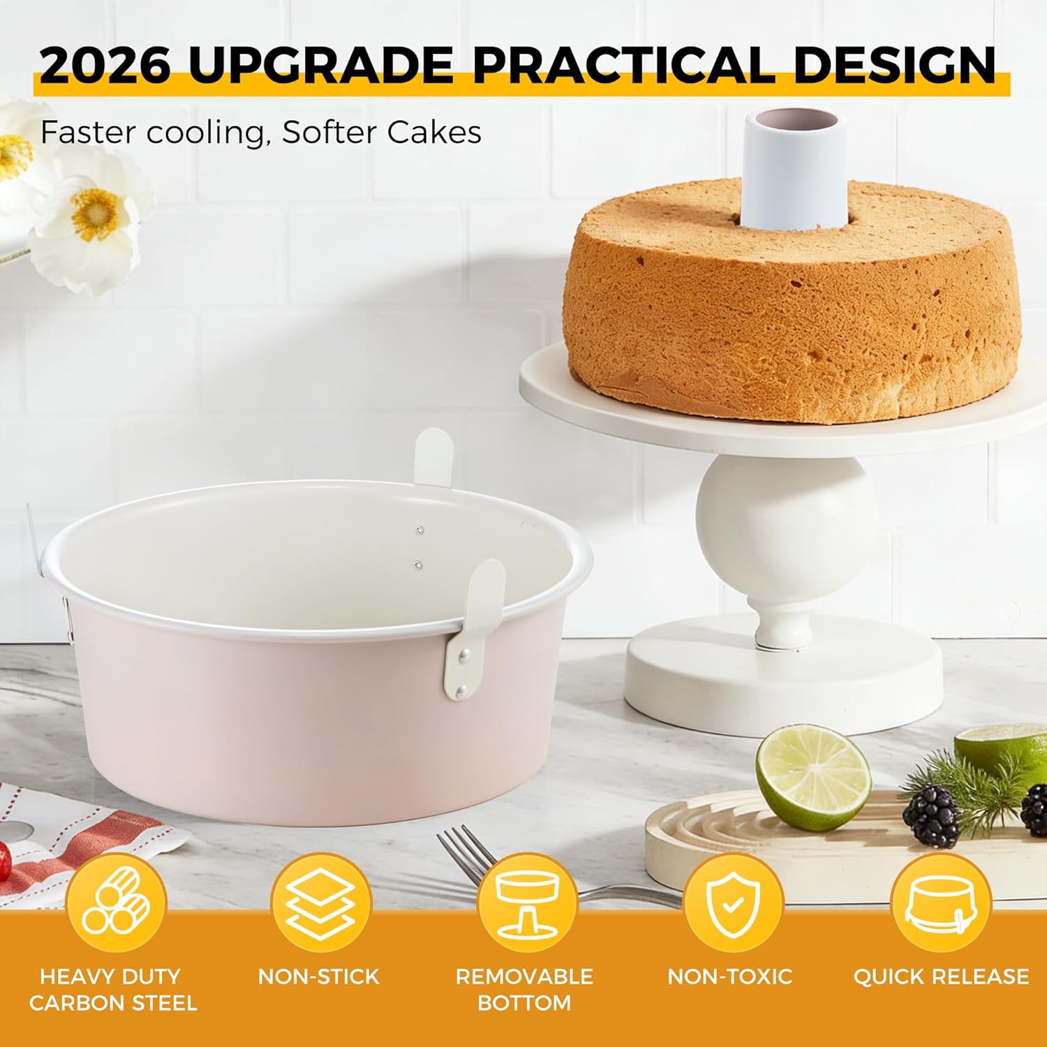 HONGBAKE Angel Food Cake Pan with Removable Bottom, 10 inch Carbon Steel Bundt Cake Pan for Baking, Non-stick Pound Tube Pans for Cakes, 16-Cup, Heavy Duty - Pink