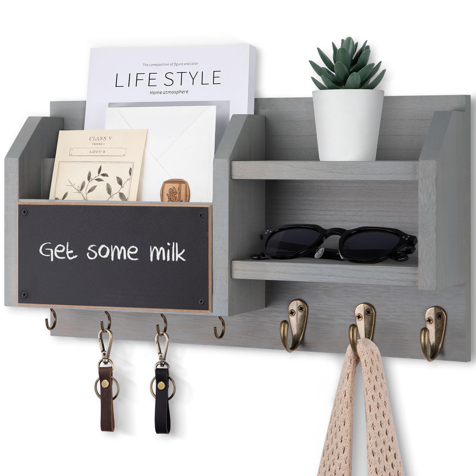Mail and Key Holder – Wall Mount Key Hanger with Shelf and 7 Metal Hooks – Decorative Natural Paulownia Wood Entryway Organizer with Mounting Hardware (16.5”W x 8.7”H x 3.5”D) (Brown)