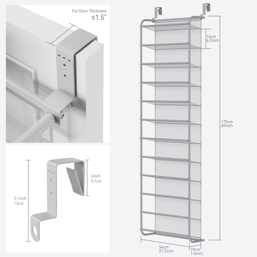 Whitmor 36 Pair Over the Door Shoe Organizer, 12 Tier Hanging Shoe Organizer, Heavy Duty Metal & Mesh Shoe Holder, Hanging Shoe Rack for Closet Organizer & Storage, 74"L x 21.7"W x 7.5"H, White