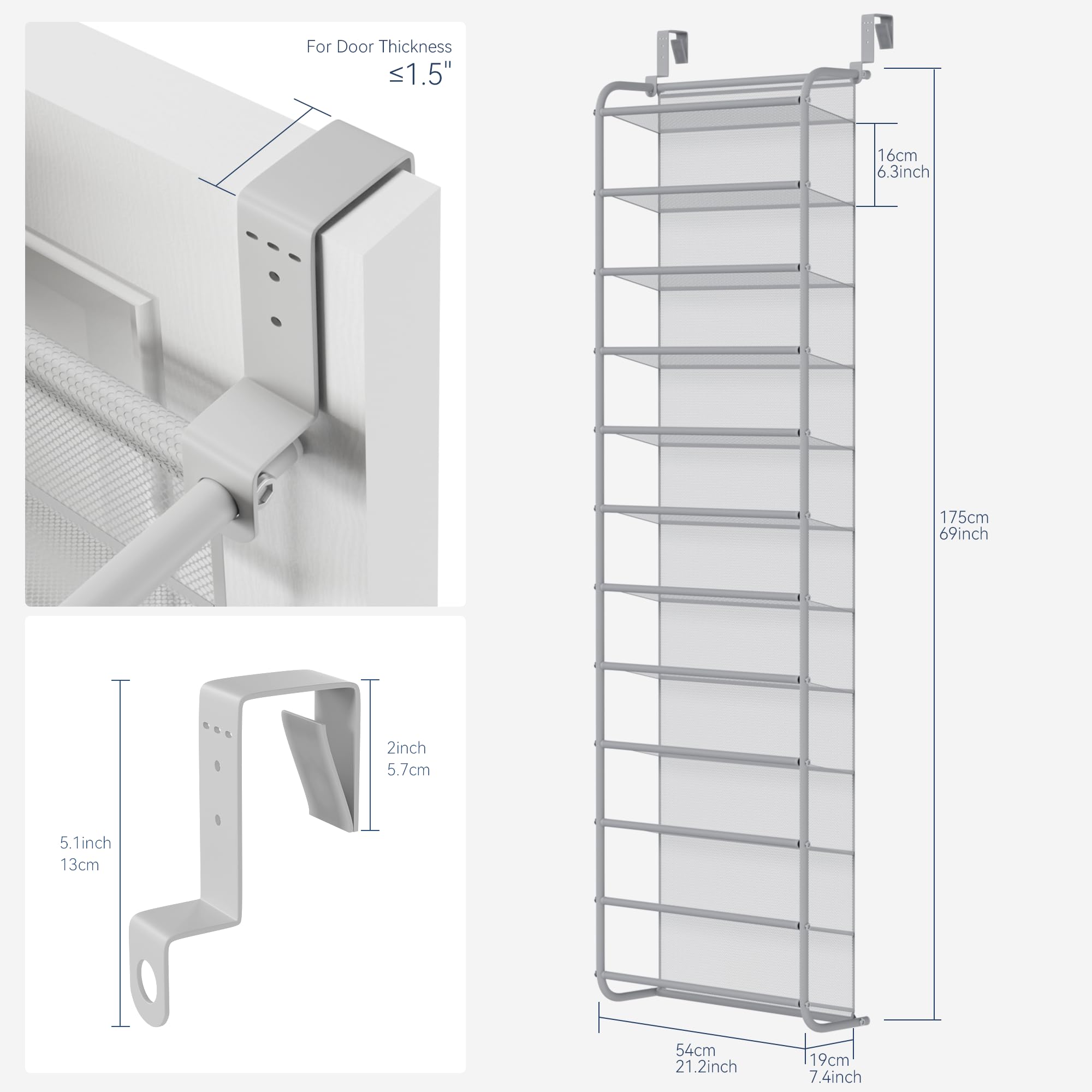 Whitmor 36 Pair Over the Door Shoe Organizer, 12 Tier Hanging Shoe Organizer, Heavy Duty Metal & Mesh Shoe Holder, Hanging Shoe Rack for Closet Organizer & Storage, 74"L x 21.7"W x 7.5"H, White