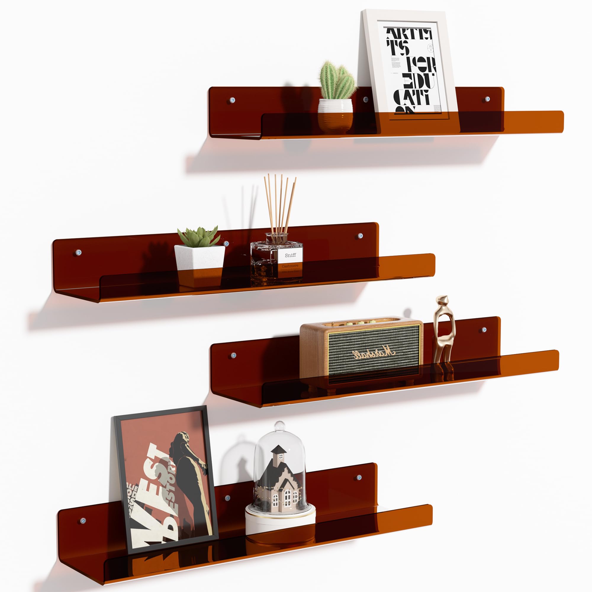 upsimples Acrylic Shelves for Bathroom Storage, 15" Floating Shelves Wall Organizer for Perfume, Make up, Skincare, Kids Bookshelf for Bedroom, Nursery, Living Room Decor, Clear, 4 Pack