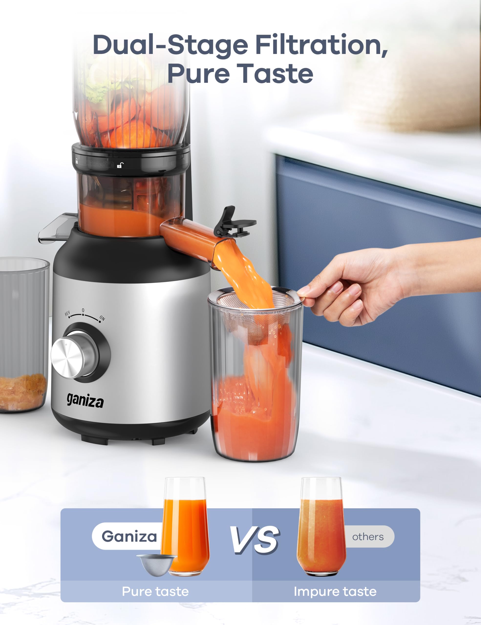 Ganiza Juicer Machines, Slow Masticating Juicers with Large Feed Chute for Whole Fruits & Vegetables, Cold Press Juicer with 3 Replace Filters for Batch Juicing, Easy to Clean, BPA Free(Silver)