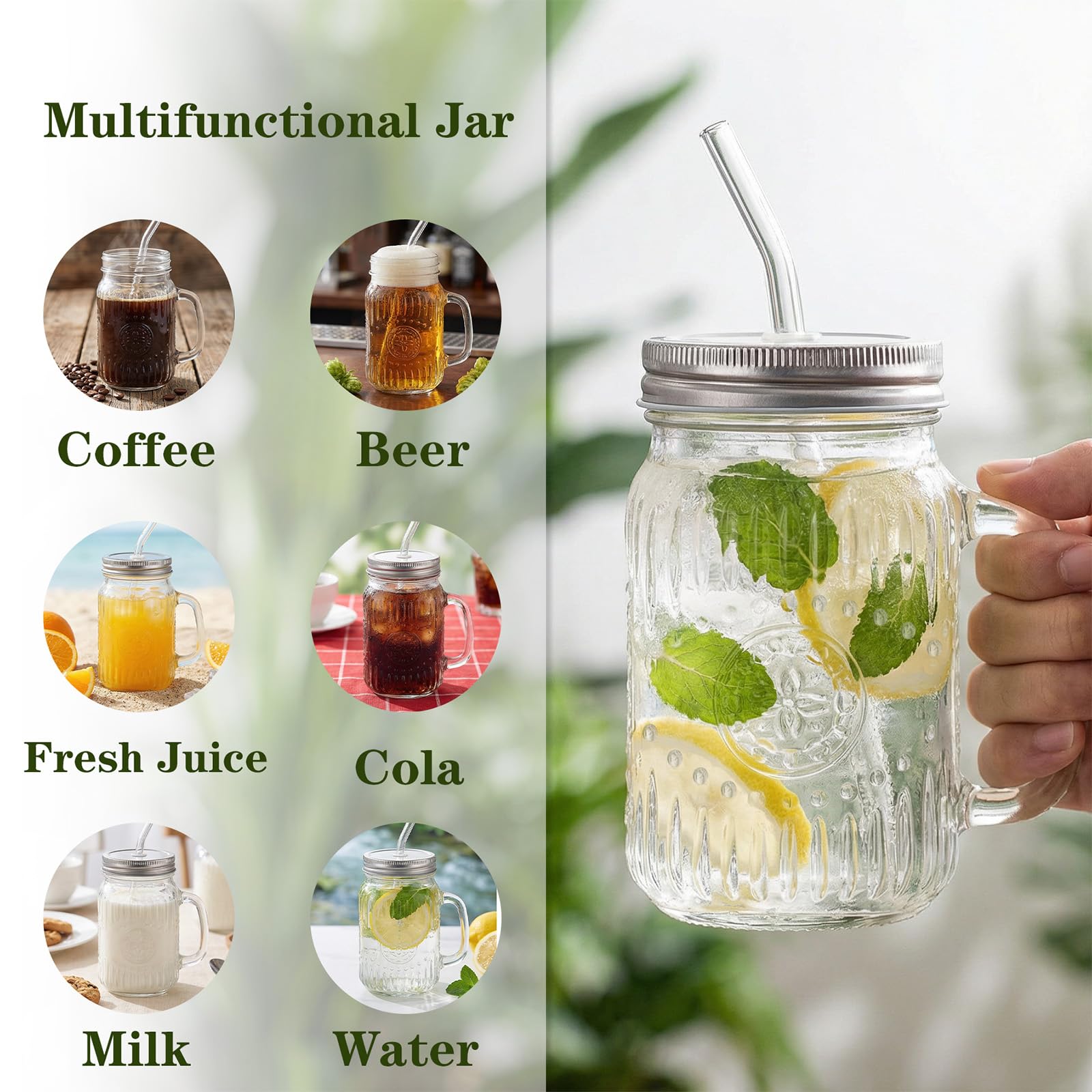 DaYammi Mason Jars with Lids and Straws, 6 Pack 16 Oz Glass Cups for Cold Beverages, Juice, Smoothies, Iced Coffee, Cocktails Leak-Proof Drinking Glasses with Sealed & Straw Lids, Colorful
