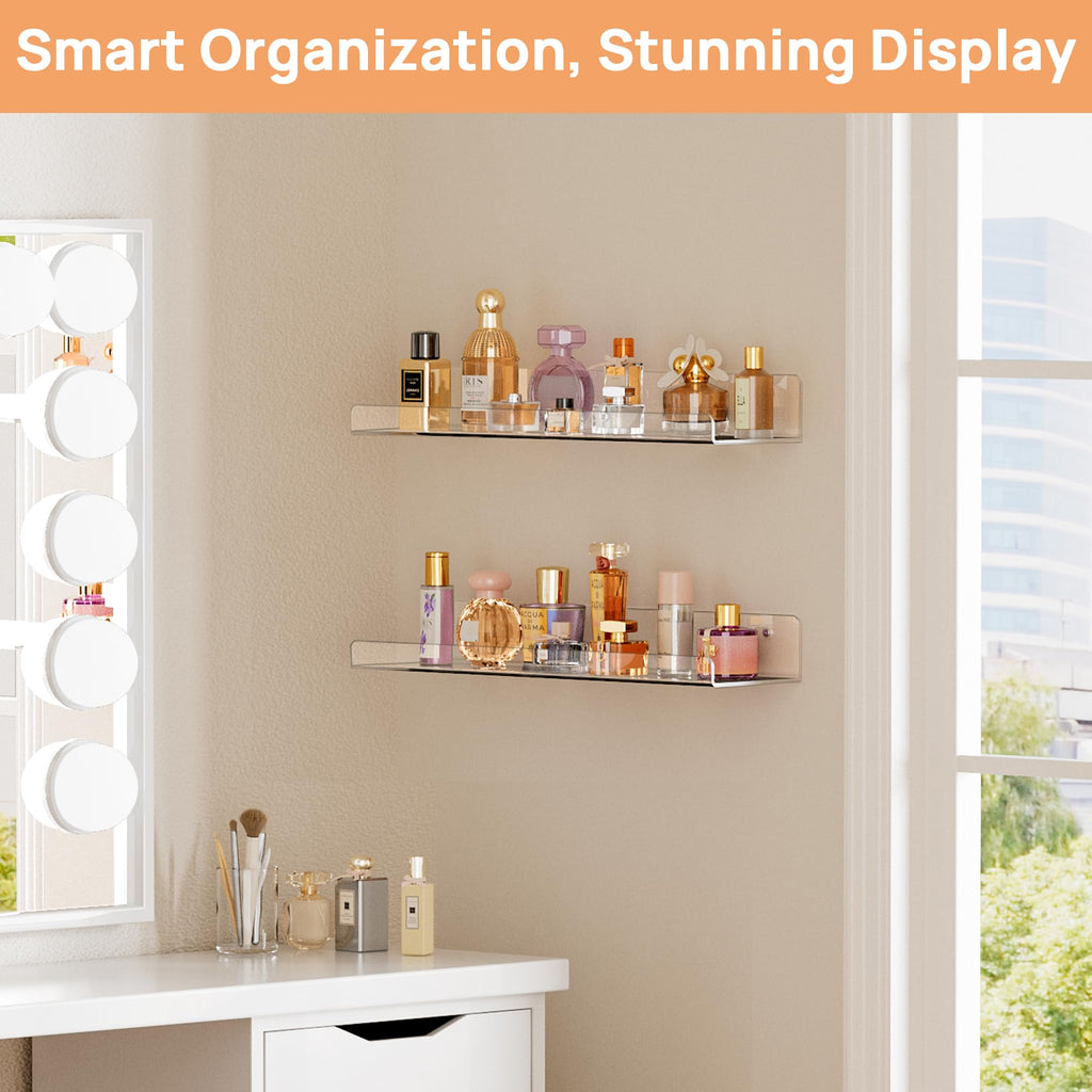upsimples Acrylic Shelves for Bathroom Storage, 15" Floating Shelves Wall Organizer for Perfume, Make up, Skincare, Kids Bookshelf for Bedroom, Nursery, Living Room Decor, Clear, 4 Pack