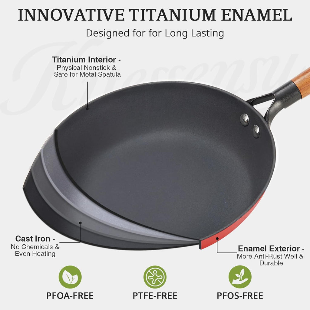 KITESSENSU Enameled Cast Iron Skillets - Non Stick Frying Pans Set with Durable Wooden Handle - 8&10&12 Inch Cast Iron Pans for Multi-Cooking - Pre Seasoned Cookware Set - Gradual Burgundy Red