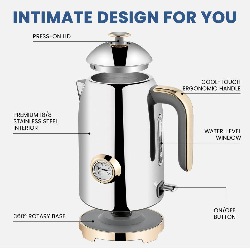 SUSTEAS Electric Kettle - 57oz Hot Tea Water Boiler with Thermometer, 1500W Fast Heating Stainless Steel Pot, Cordless LED Indicator, Auto Shut-Off & Boil Dry Protection, Retro Green