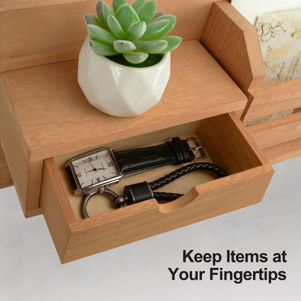 Wall Mount Key Holder with Mail Organizer, 100% Paulownia Wood, 7 Metal Hooks, Storage Drawer, Entryway Home Decor (Brown)