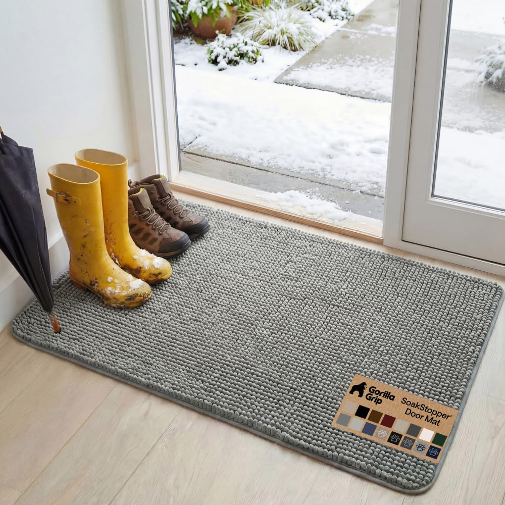 GORILLA GRIP SoakSTOPPER Dog Door Mat, Machine Washable Rug Absorbent Doormat Captures Moisture Mud Dirt, Quick Dry Soft Chenille Entryway Rugs Indoor Entrance Mats for Dog Paws, 24x17 Grey