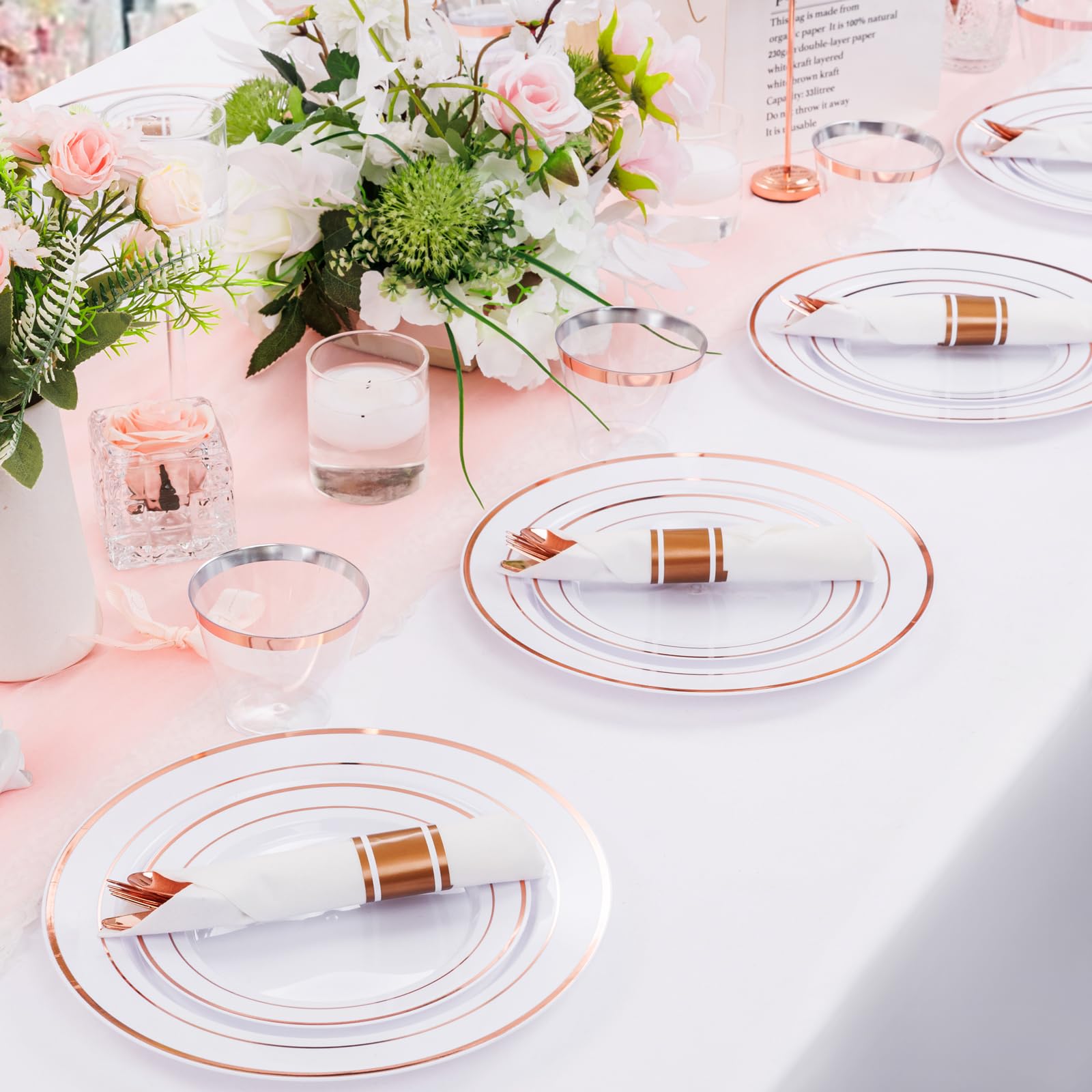 DaYammi 350PCS Gold Plastic Dinnerware Set for 50 Guests, Fancy Disposable Plates for Party, Include: 50 Dinner Plates, 50 Dessert Plates, 50 Pre Rolled Napkins with Gold Silverware, 50 Cups