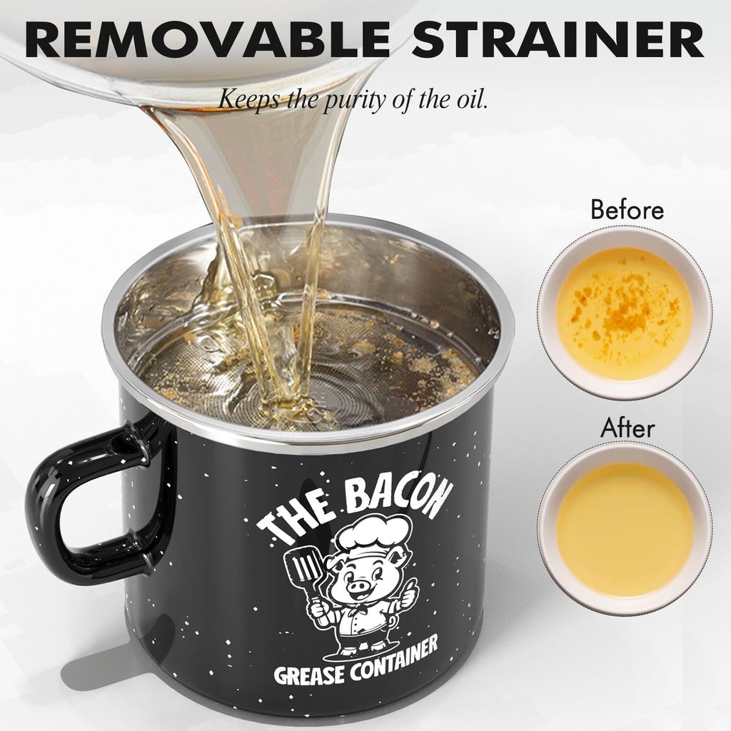 PGYARD Mini Bacon Grease Saver With Strainer - 15OZ Enamel Grease Container, Farmhouse Bacon Grease Keeper For Kitchen Fat Storage, Dishwasher Safe-Red