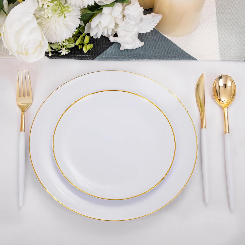 DaYammi 150Pcs White and Gold Plastic Plates with Disposable Silverware and 200Pcs Gold Plastic Cups for Party, Fancy Plates Set and Clear Gold Rimmed Cups for all occasions