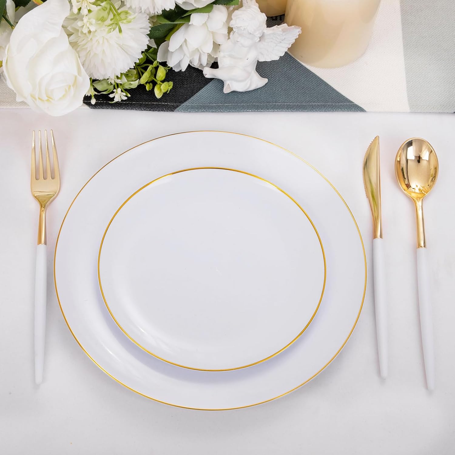 DaYammi 150Pcs White and Gold Plastic Plates with Disposable Silverware and 200Pcs Gold Plastic Cups for Party, Fancy Plates Set and Clear Gold Rimmed Cups for all occasions