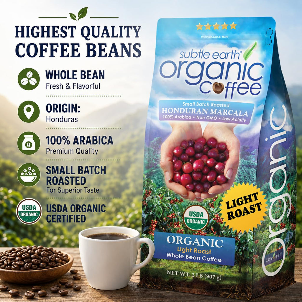 2LB Subtle Earth Organic Coffee - Dark Roast - Whole Bean Coffee - 100% Arabica Beans - Low Acidity and Non-GMO - 2lb bag