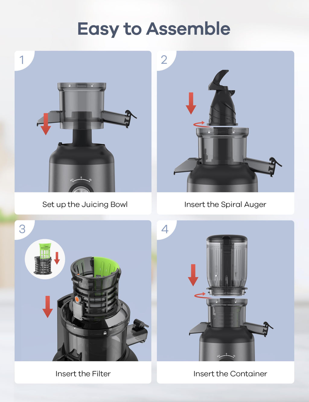 Ganiza Juicer Machines, Slow Masticating Juicers with Large Feed Chute for Whole Fruits & Vegetables, Cold Press Juicer with 3 Replace Filters for Batch Juicing, Easy to Clean, BPA Free(Silver)