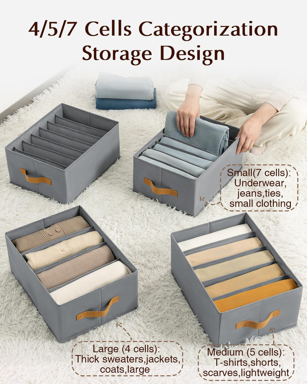 Homsorout Clothes Organizers and Storage - 4/5/7 Grids Fabric Jeans Organizer with Handles, Foldable Closet Organizers Dividers, Wardrobe organizer for Pant, Sweater, T-shirt, Scarf, 6 Pack, Beige