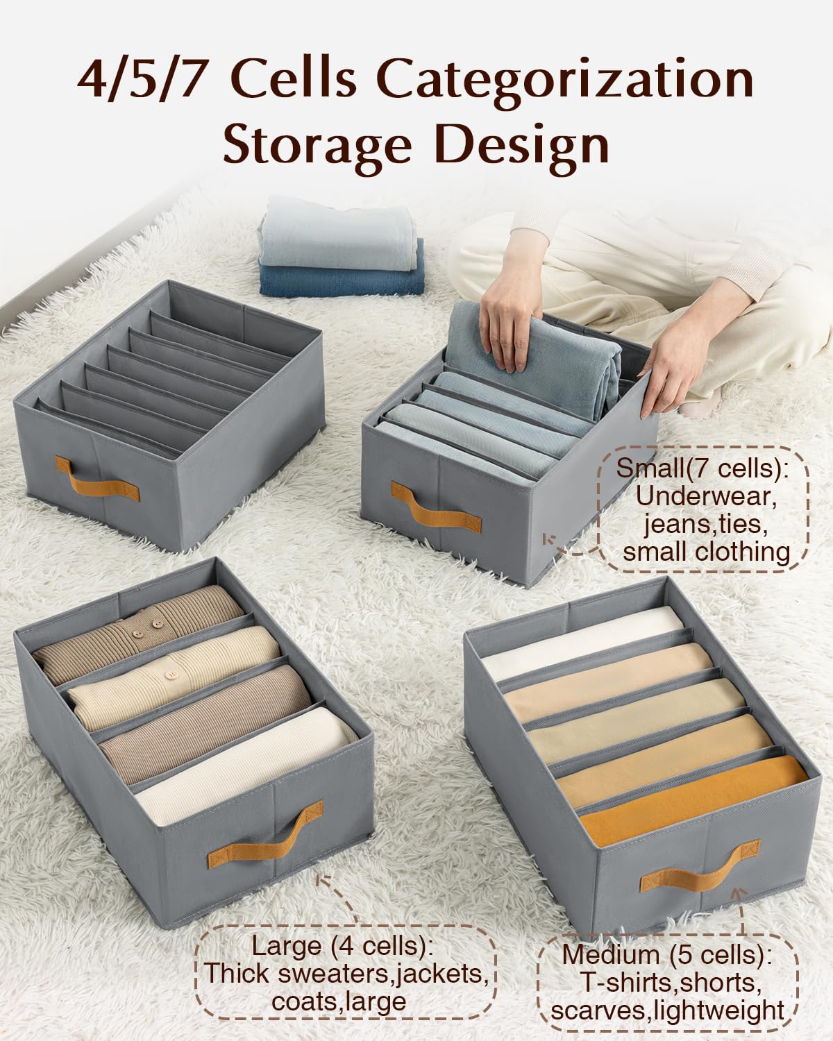 Homsorout Clothes Organizers and Storage - 4/5/7 Grids Fabric Jeans Organizer with Handles, Foldable Closet Organizers Dividers, Wardrobe organizer for Pant, Sweater, T-shirt, Scarf, 6 Pack, Beige