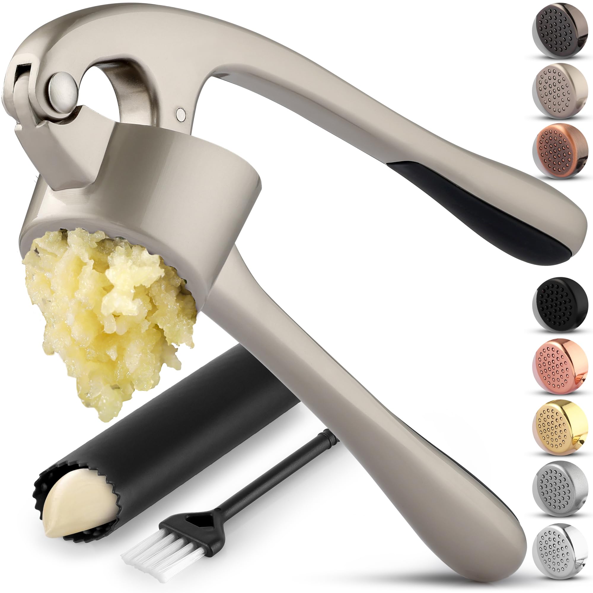 Zulay Kitchen Premium Garlic Press Set - Rust Proof Professional Garlic Mincer Tool - Easy-Squeeze, Easy-Clean with Soft, Ergonomic Handle - Silicone Garlic Peeler & Brush (Silver)