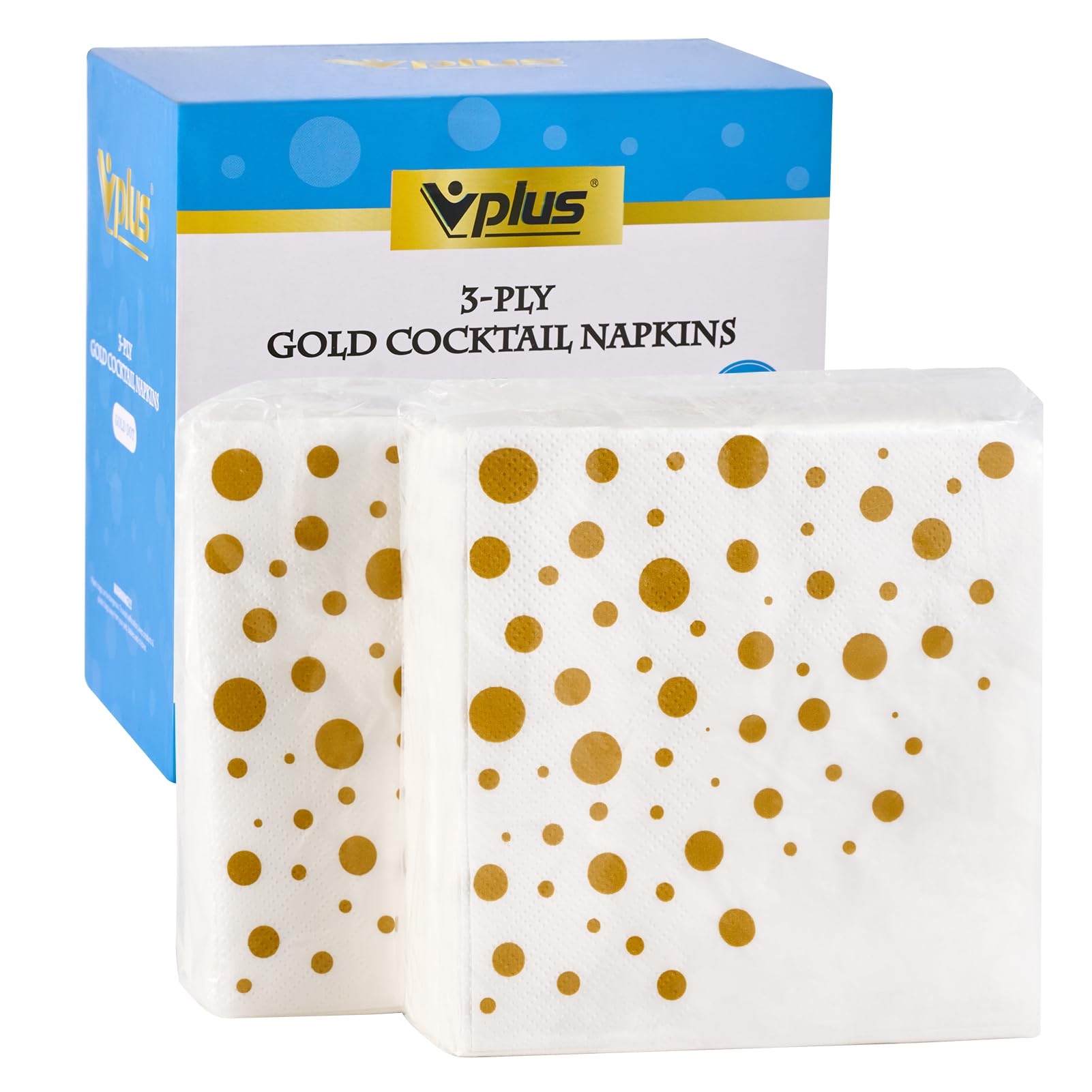 Vplus 200 Pack Cocktail Napkins Paper, 3-Ply Beverage Napkins, Disposable Gold Square Napkins, Perfect for Restaurant, Event, Bar, Wedding, Baby Shower and Birthday Party
