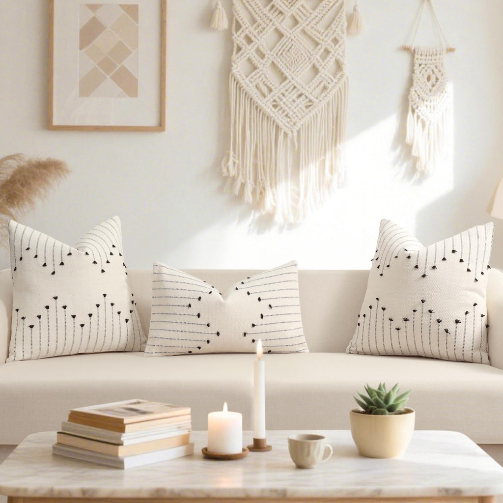 Boho Outdoor Throw Pillow Covers 18x18 Set of 2 Neutral Woven Decorative Pillowcases Cotton Tufted Couch Pillows Modern Farmhouse Cushion Covers for Sofa Couch Bed Living Room Home Decor, Navy Blue