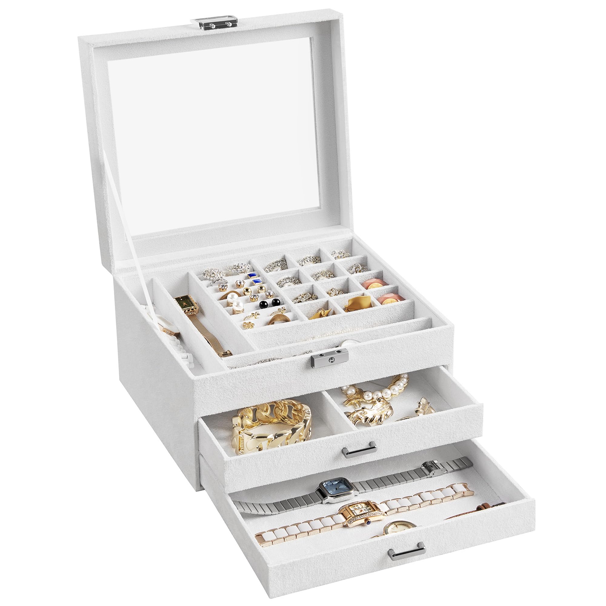 SONGMICS 3-Tier Jewelry Box, Travel Jewelry Case with Handle, 2 Drawers, Lockable Jewelry Organizer with Mirror, Jewelry Storage, Modern Style, Gift for Loved Ones, White UJBC154W01