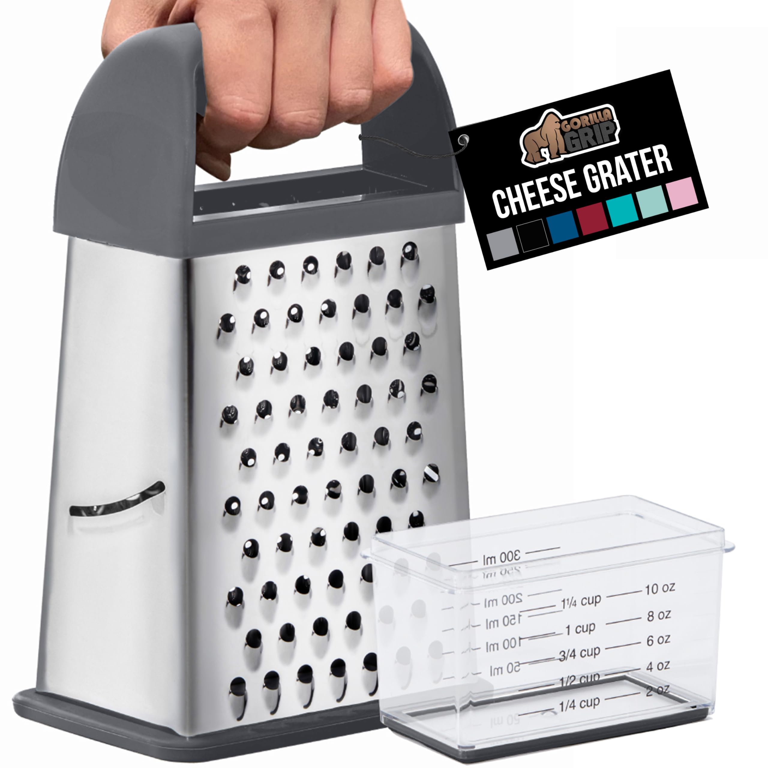 GORILLA GRIP 4-Sided Stainless Steel Cheese Grater With Container, 100% BPA-Free Box Grater, Slip Resistant Base and Handle, Grate Parmesan, Hard Cheeses, Shred Vegetables, Dishwasher Safe, Black